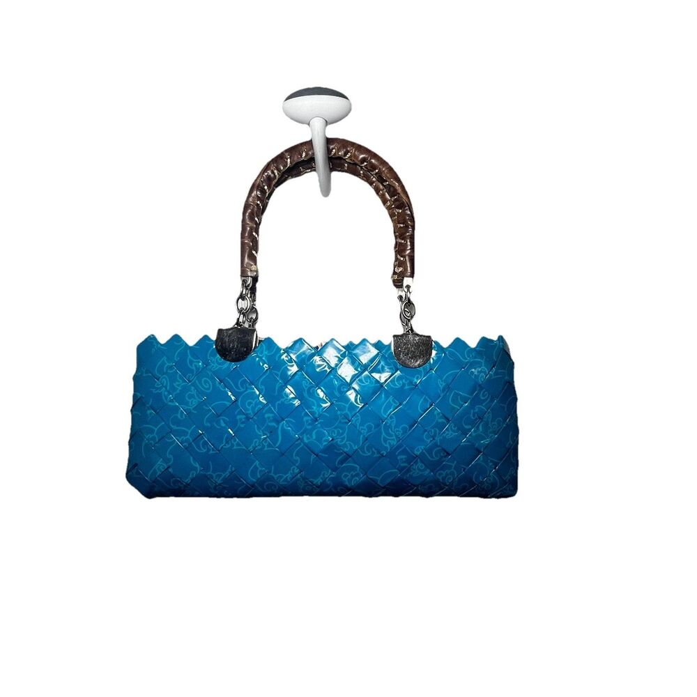 Nahui Ollin Candy Wrapper Hand Bag Teal Hand Made Woven Upcycle Recycle Zip